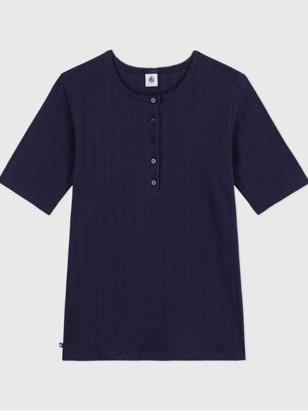 Petit Bateau NWT Navy Pointelle Henley Tee Shirt MC Button Front M